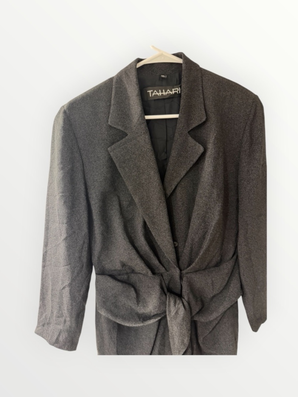 Vintage Tahari Structured Tie Waist Drape Blazer Dress - Charcoal Gray - Picture 2 of 5